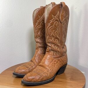 VTG Exotic Elephant Cowboy Leather Boots Riding Heel Men’s 8 1/2 D Tan Carmel